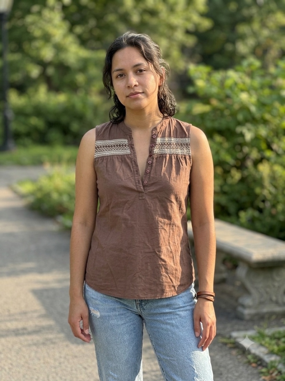 Aventura Organic Cotton Smocked Boho Tank Top Brown Small